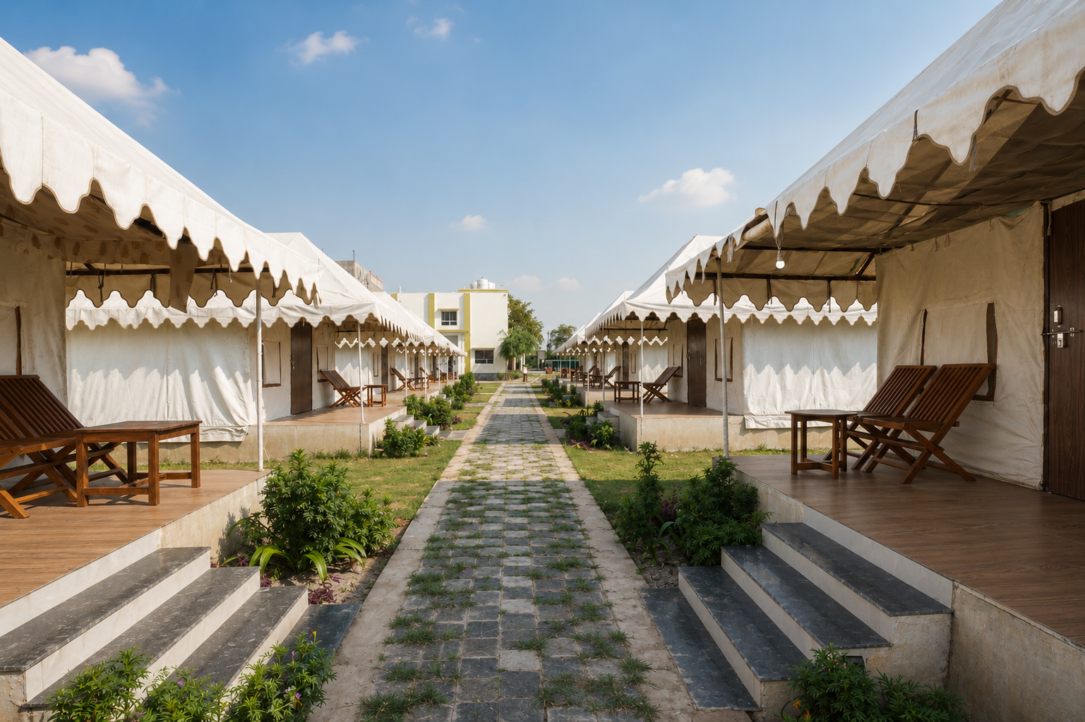 Row of white canvas tents with wooden lounge chairs along a stone-paved path under a blue sky, symmetrical campsite.